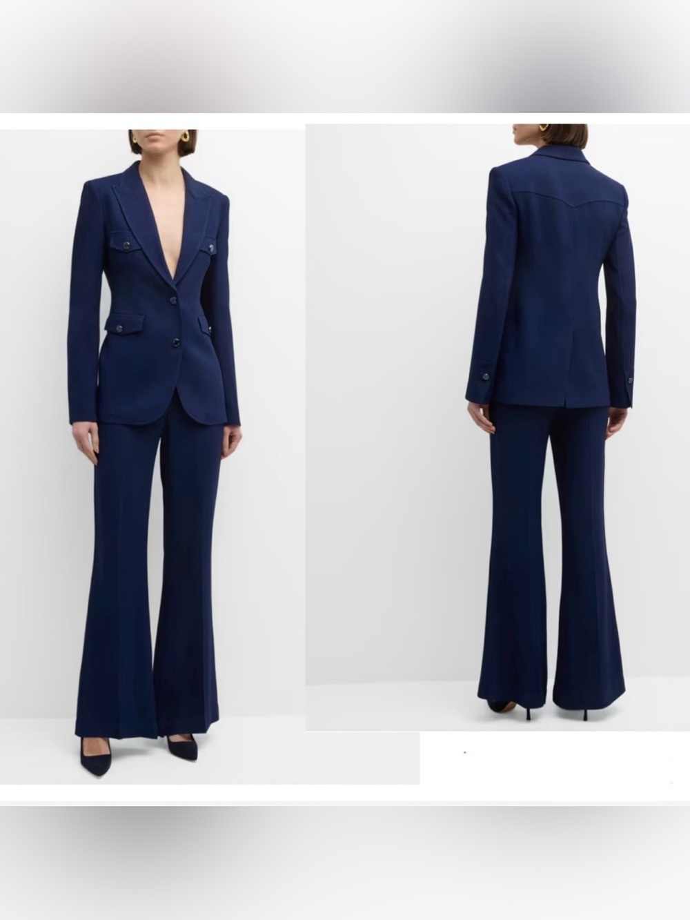 St. John Suit Pantsuit Topstitch Single-Breasted Italian Crepe Jacket Flare Pant